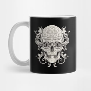 Surreal art vintage wave and dolphins moving on skull. Mug